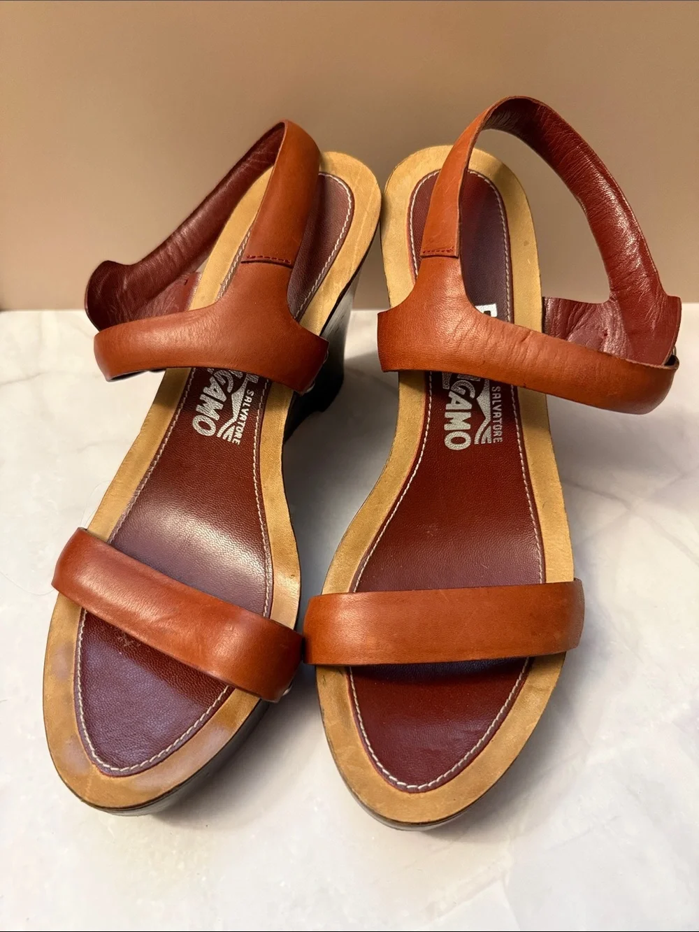 Salvatore Ferragamo Cognac Leather Slingback Sandals